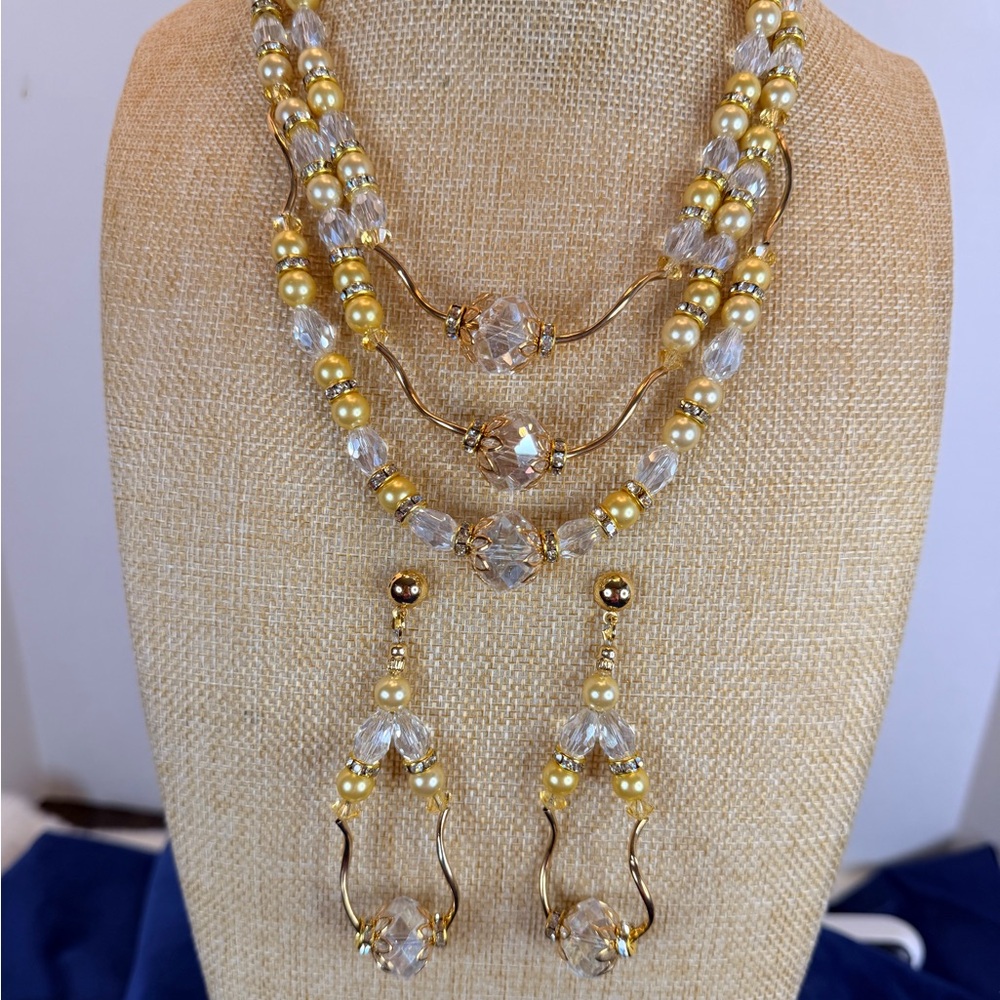 Elegant Gold Beads, Iridescent Crystals, Rhinestone Necklace and Earrings